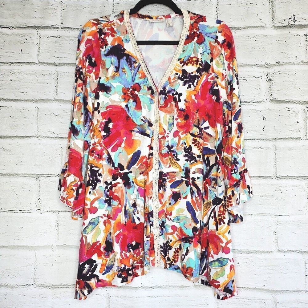 LOGO by Lori Goldstein Print Multi Color Rayon Cardigan Lace & Ruffles Womens S